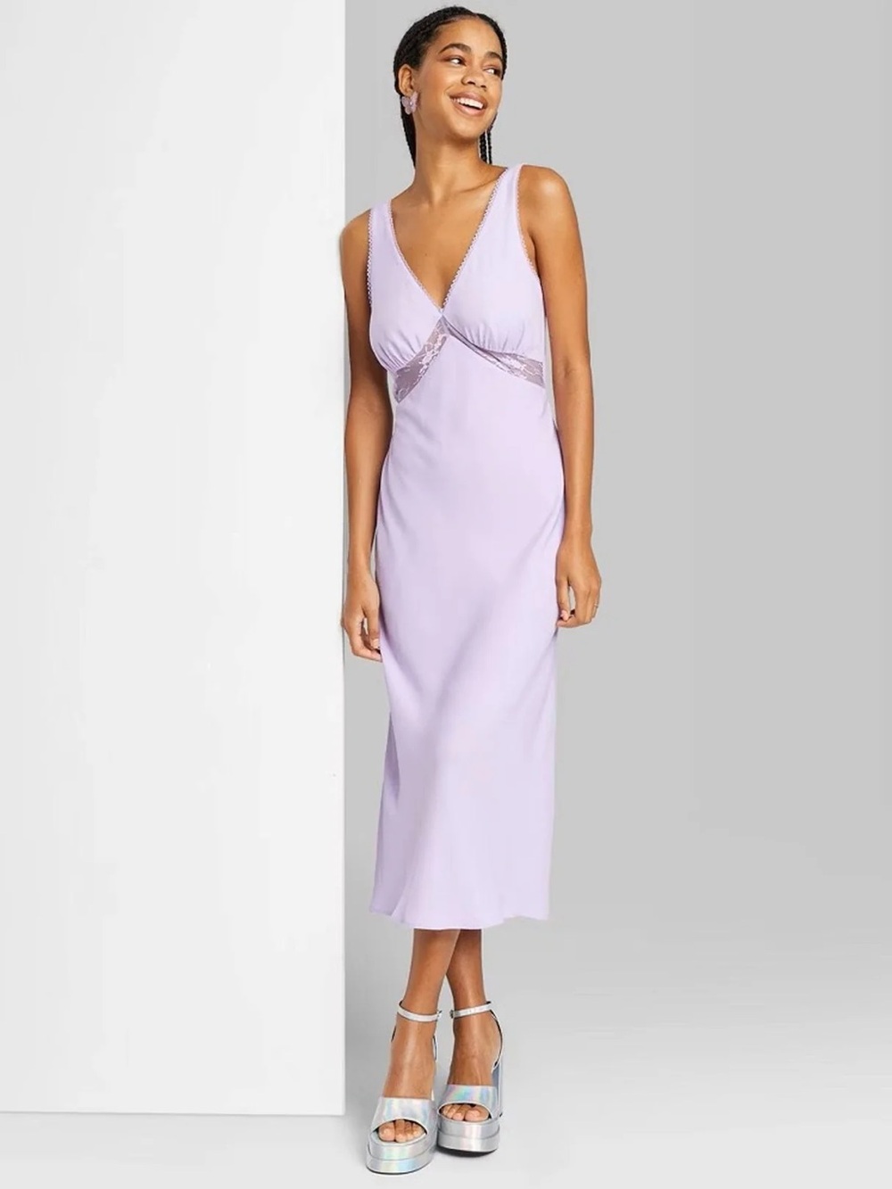 WILD FABLE Lavender V-Neck Midi Slip Dress with Lace Trim Mesh See Through